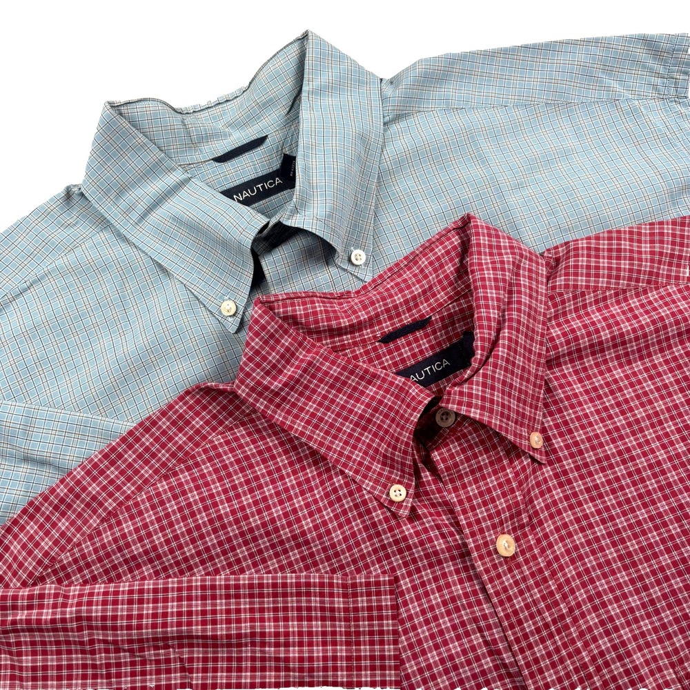 Nautica Men's XL 2 Shirt Lot Short Sleeve Plaid Button Up Red & Blue Cotton